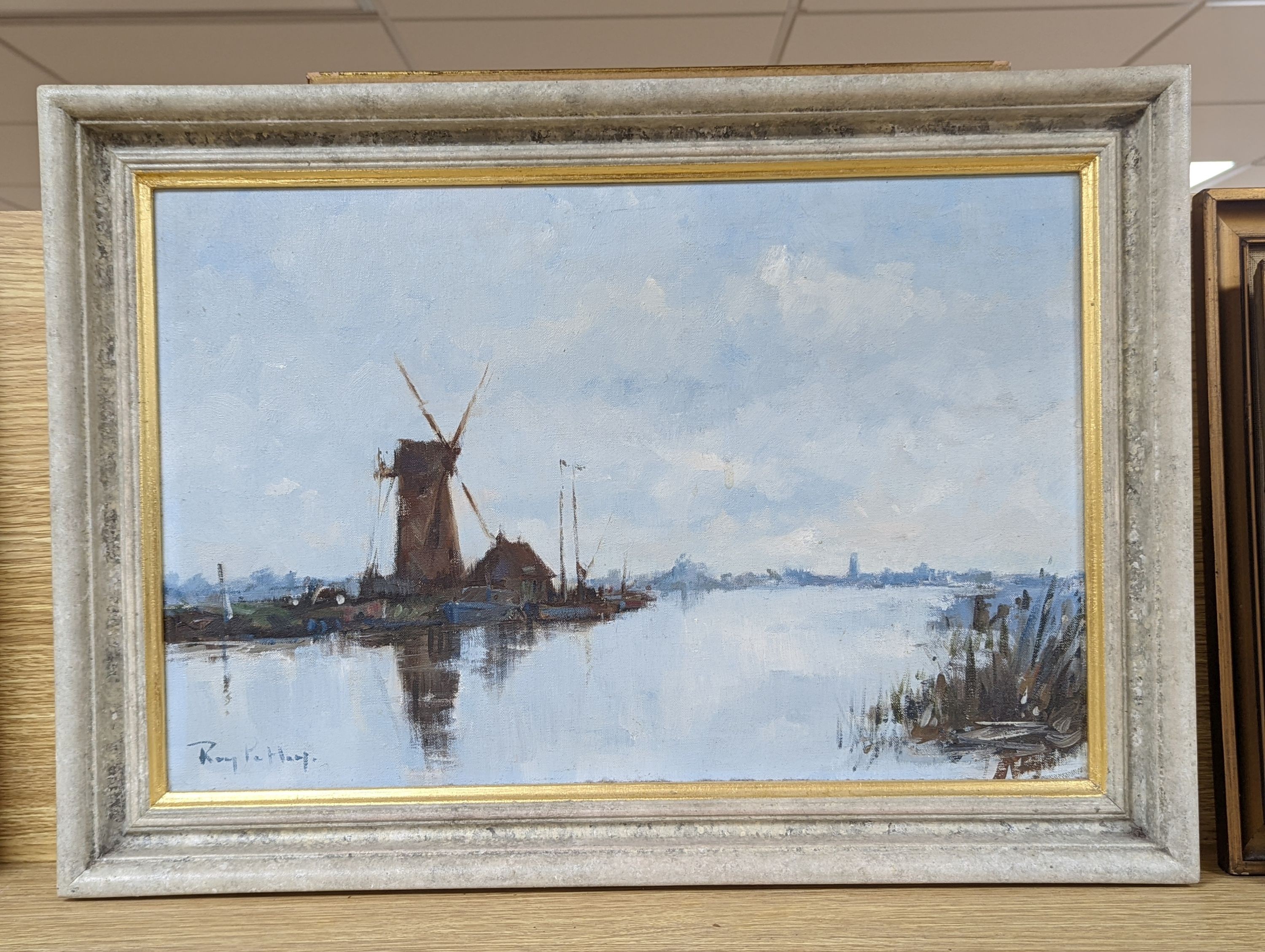 Roy Petley (1950-), oil on canvas, Windmill on Norfolk Broads, signed, 30 x 45cm